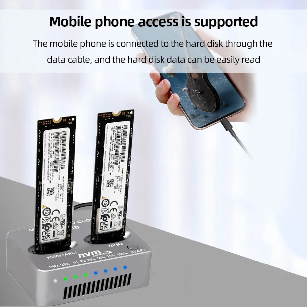 Dual-Bay M.2 NVME SSD Clone USB3.2 Type C External Hard Disk