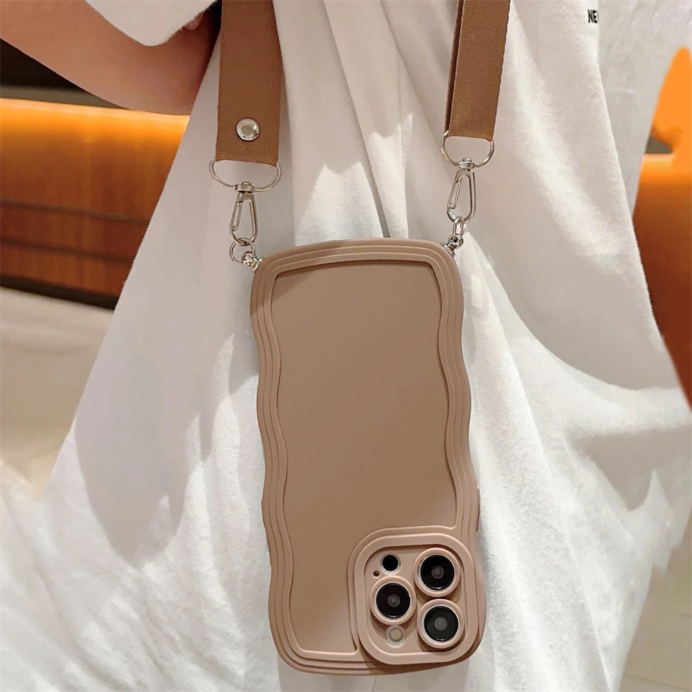 Luxury Solid Color Crossbody Lanyard Wave Silicone Phone Case