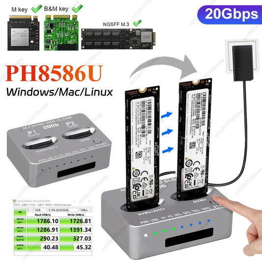Dual-Bay M.2 NVME SSD Clone USB3.2 Type C External Hard Disk