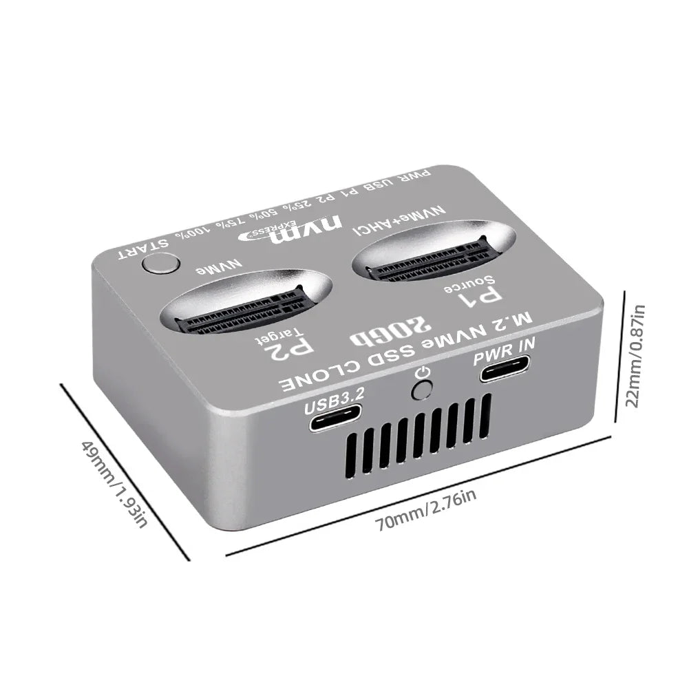 Dual-Bay M.2 NVME SSD Clone USB3.2 Type C External Hard Disk